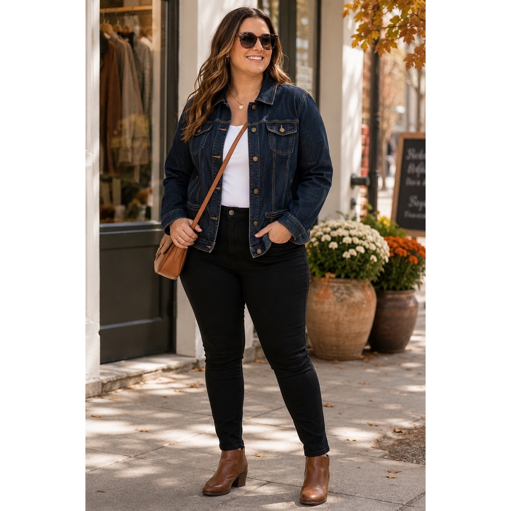 Croft & Barrow Women's Large Dark Wash Denim Jacket Button Front Utility Coat
